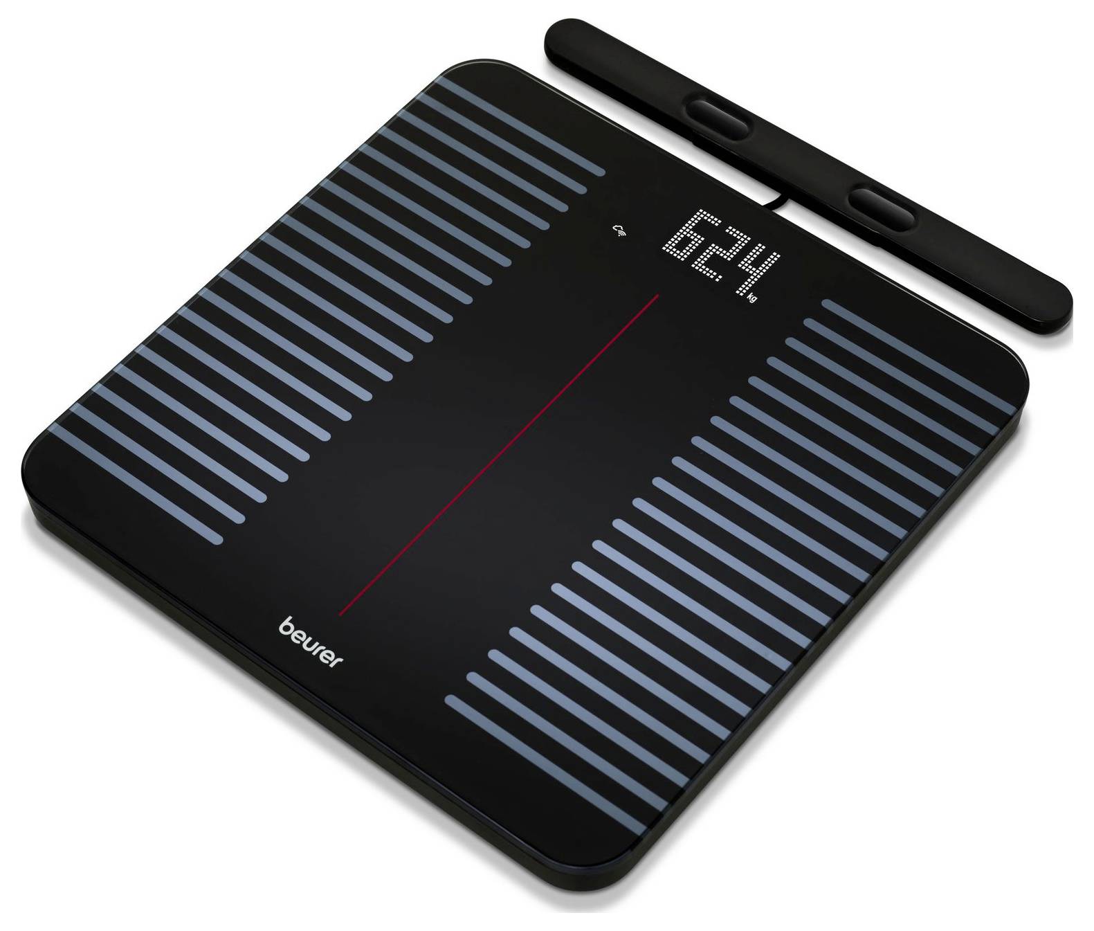 A digital black scale with blue stripes and a red center line displays a weight reading of '62.4'.