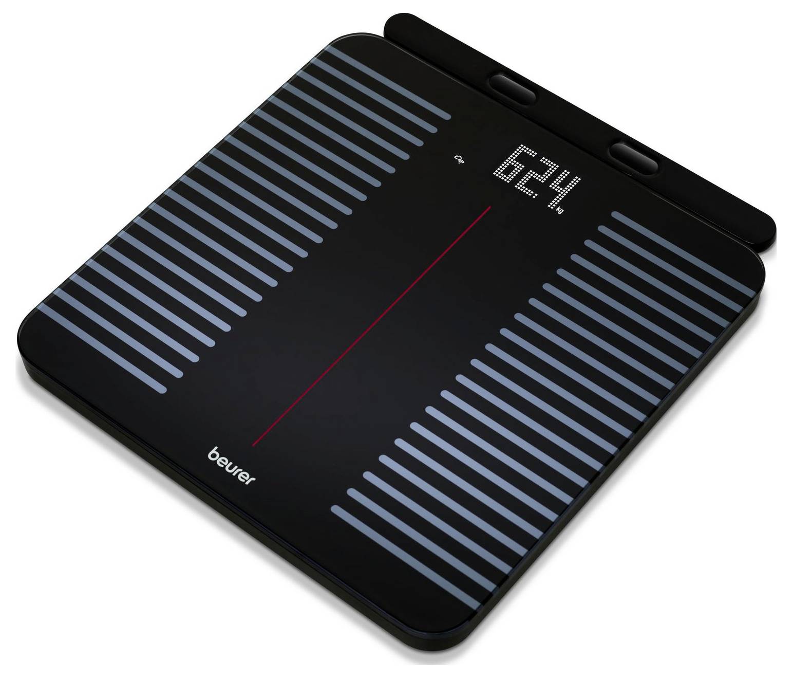 A black digital bathroom scale displaying '62.4' with blue-striped design and a red center line.
