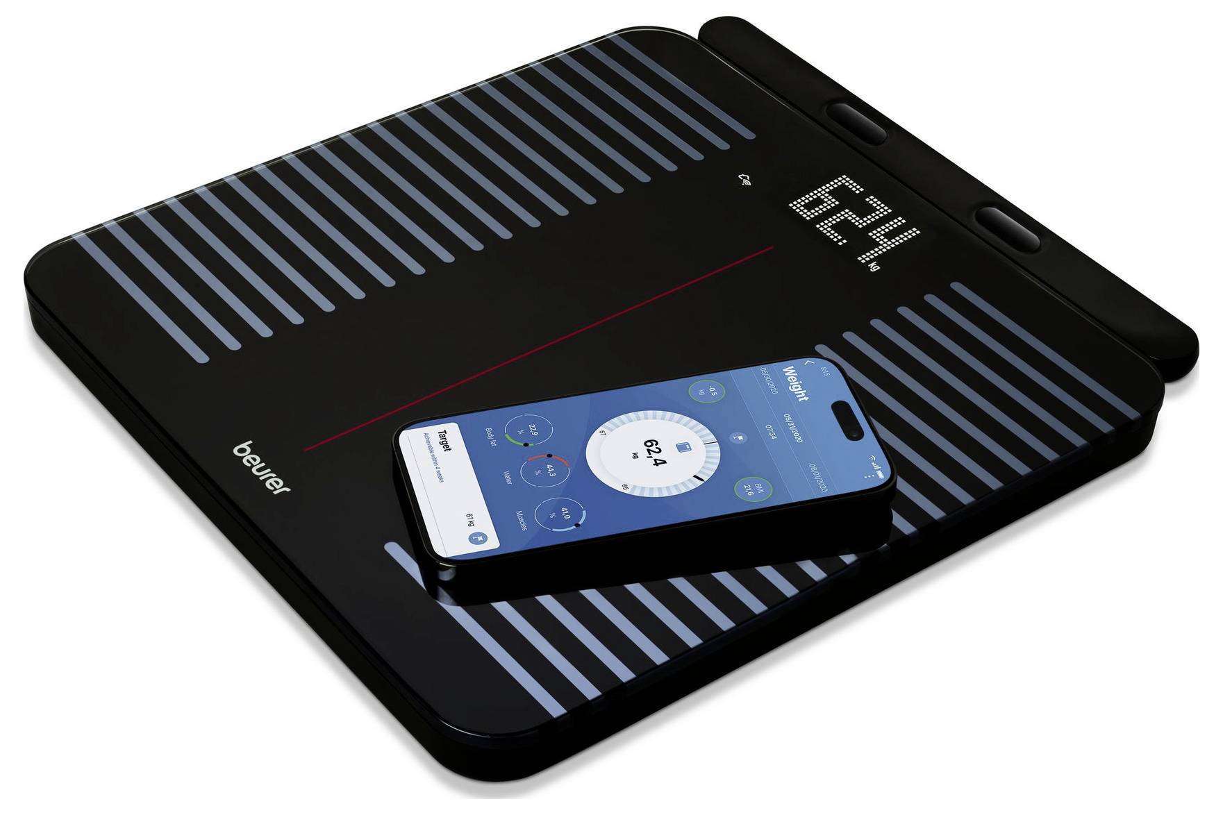 A black digital scale with a smartphone displaying a health app. The scale shows '63.4' and has striped patterns on its surface.
