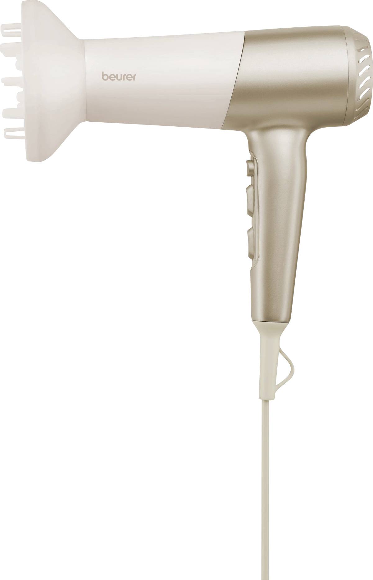 A beige and white hairdryer with a diffuser attachment, featuring a few control buttons on the handle, cord attached.