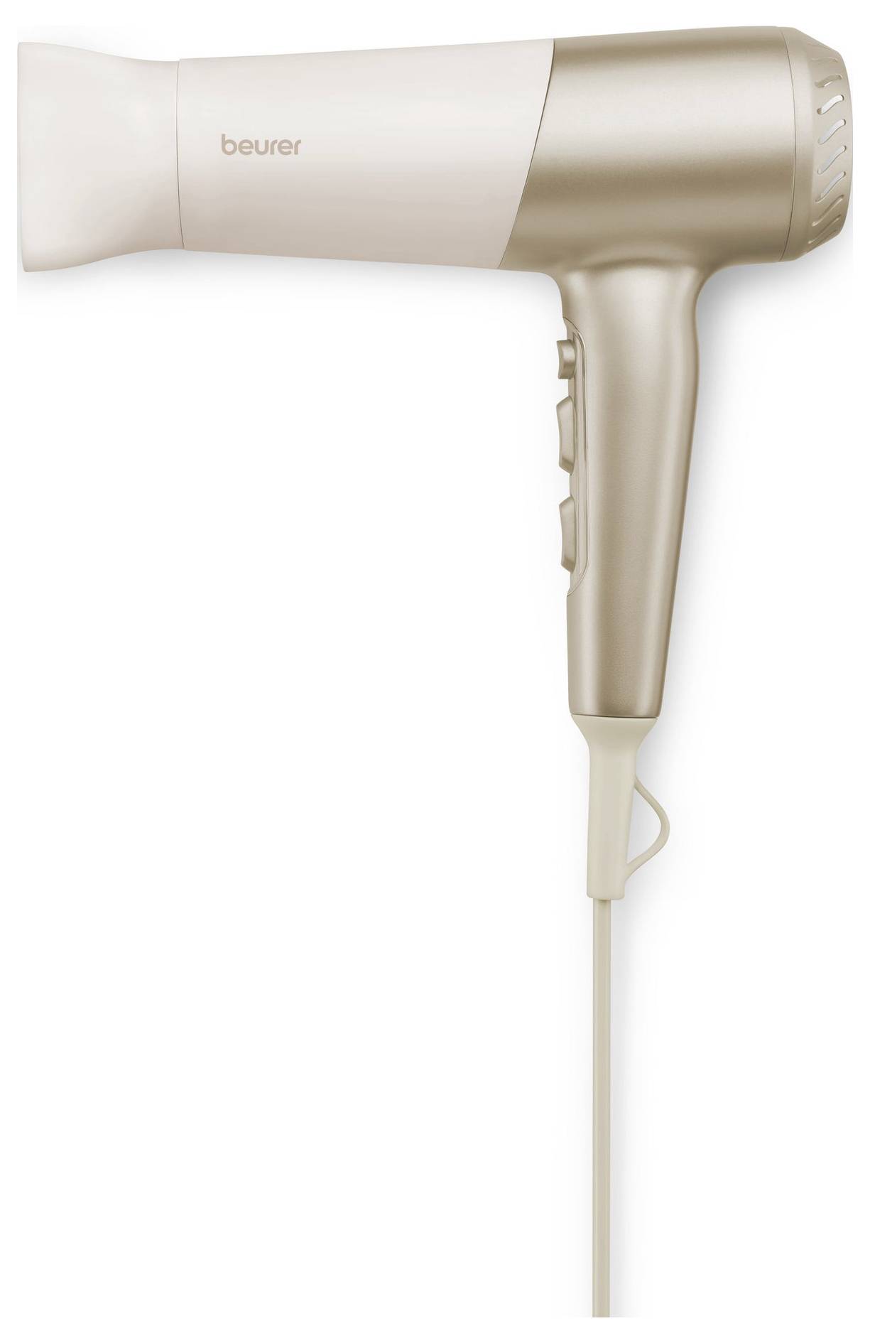A beige and white hair dryer with a simple design, featuring an ergonomic handle and control buttons on the side, cord attached at the base.
