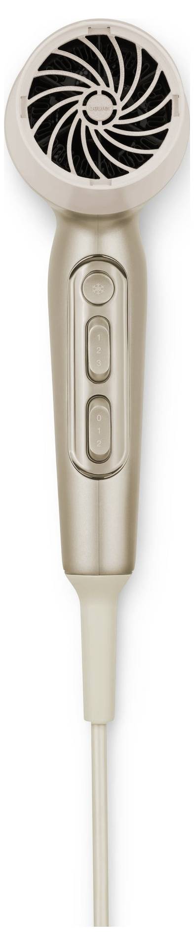 A beige hair dryer with a circular vent and two control buttons on the handle, connected by a power cord.