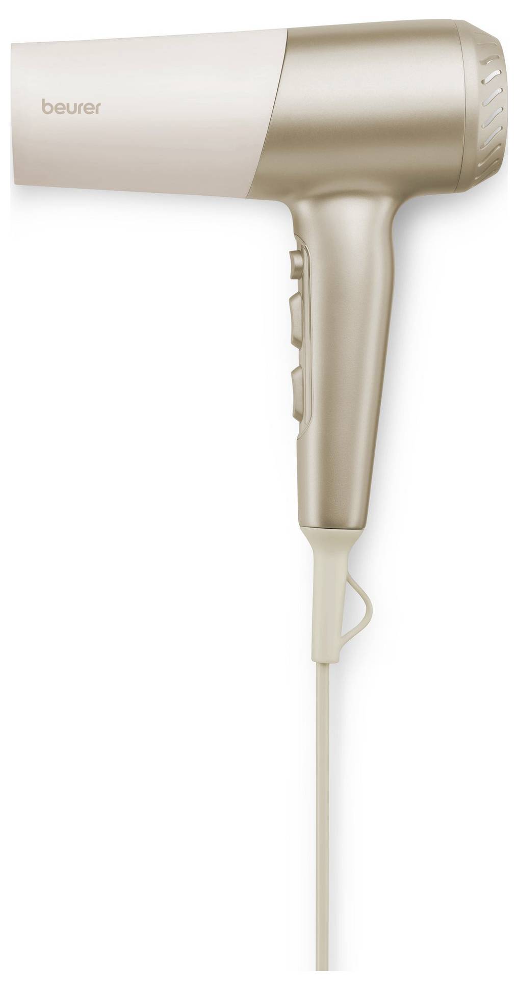 A beige and white handheld hair dryer with power cord and control buttons on the handle, designed for styling and drying hair.