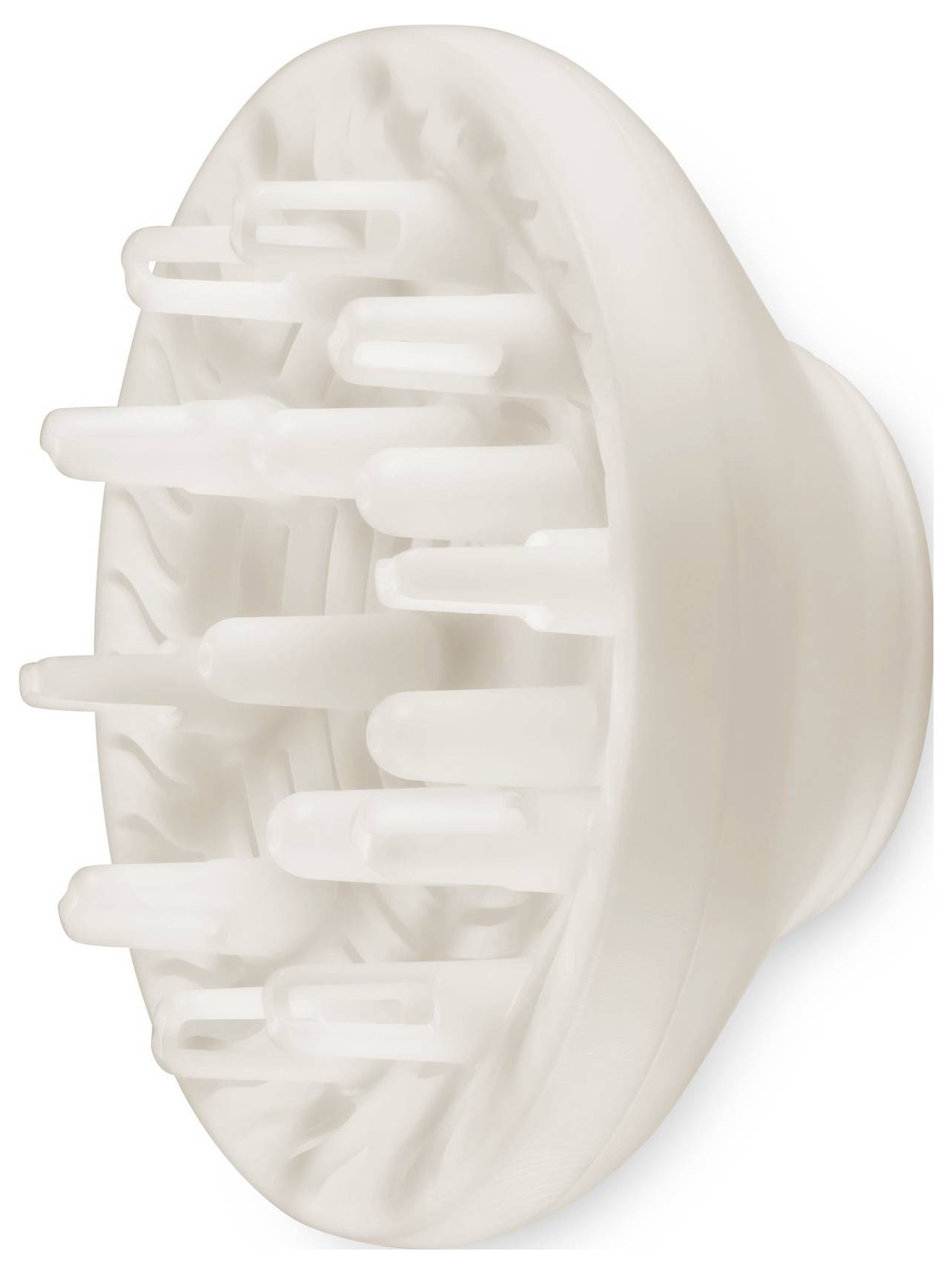 A round, white scalp massager or hairbrush attachment with multiple flexible bristles arranged in a circular pattern.