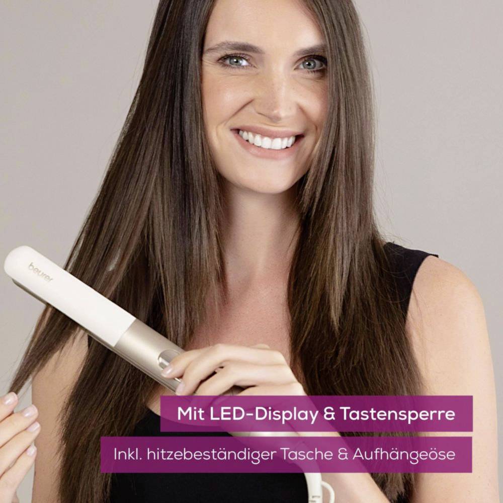 A person smiling while holding a hair straightener. Text reads: 'Mit LED-Display & Tastensperre, Inkl. hitzebeständiger Tasche & Aufhängeöse.'