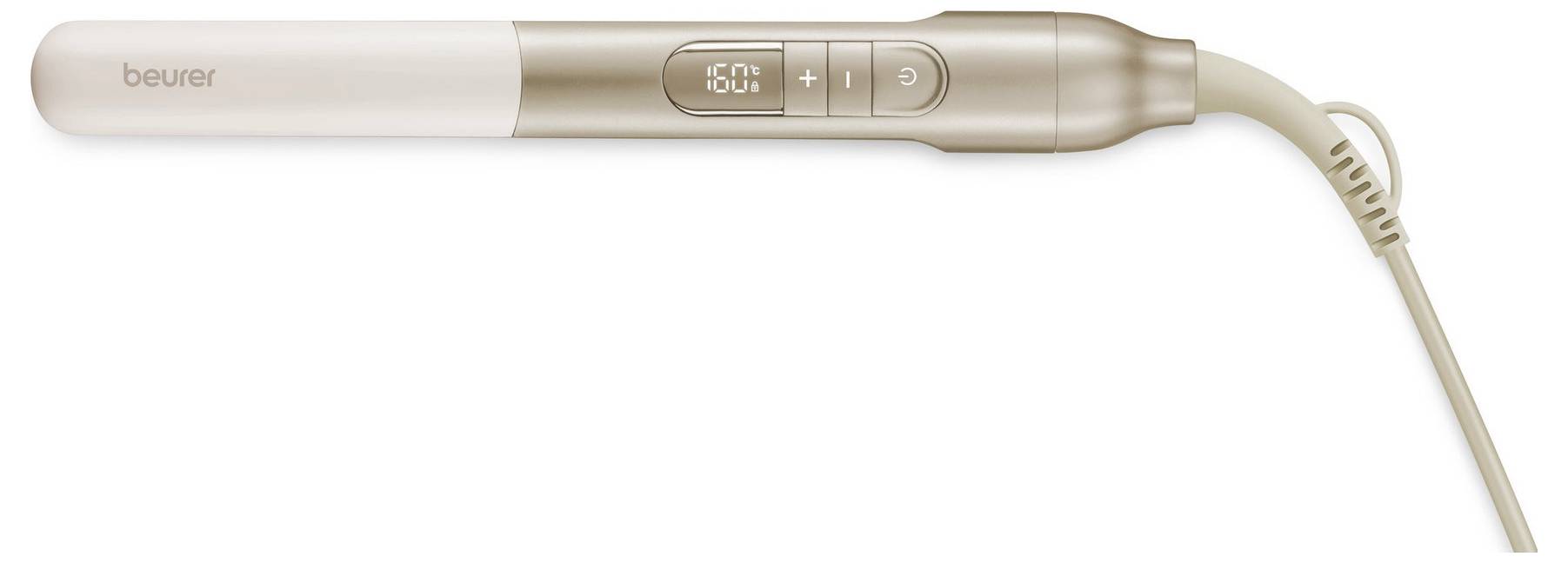 A beige Beurer curling iron with digital temperature display set to '150°C', featuring a power button and plus/minus controls.