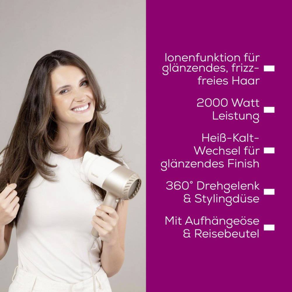 A smiling woman uses a hairdryer on her long, brown hair. Text lists hairdryer features: 2000 watts, hot-cold switch, swivel nozzle, travel pouch included.
