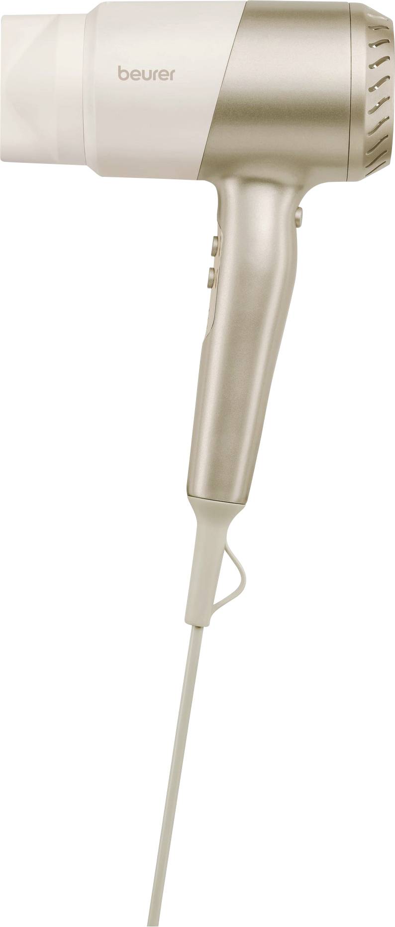 A metallic and white hairdryer, branded 'beurer,' with a smooth, sleek design. It has an attached power cord and two buttons on the handle.