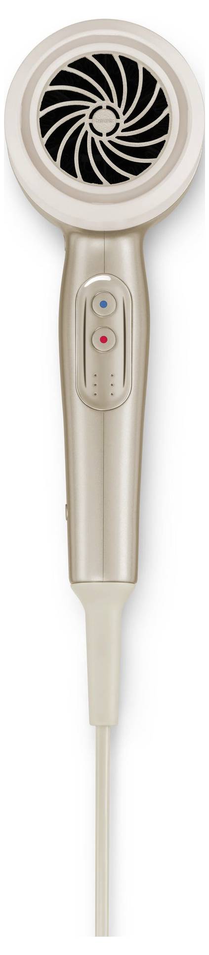 A beige hair dryer with a spiral vent design, featuring controls for heat and speed settings on the handle.