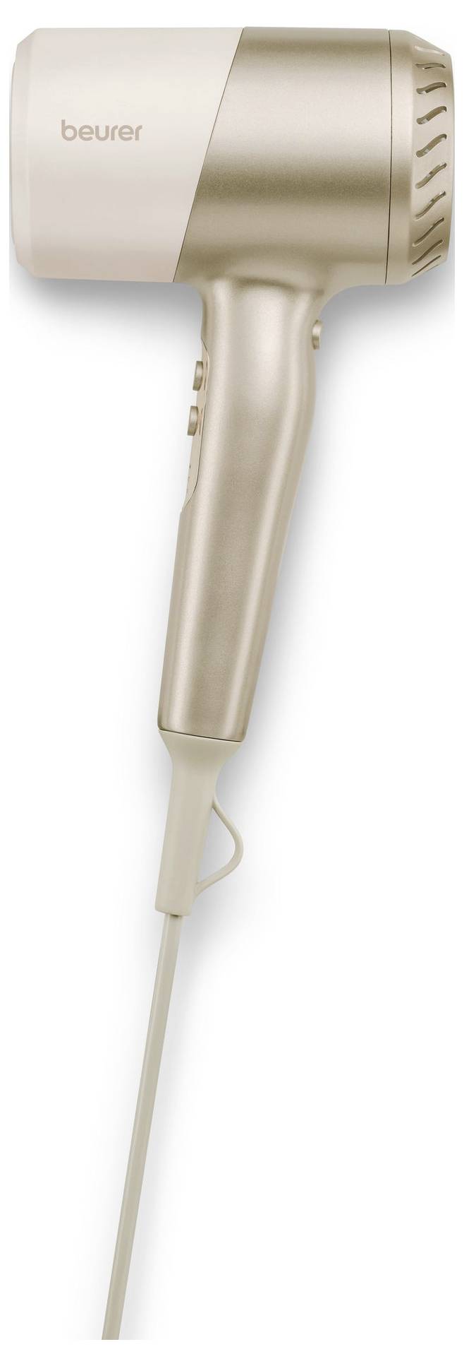 A gold and white Beurer hair dryer with a power cord, shown in a side view.