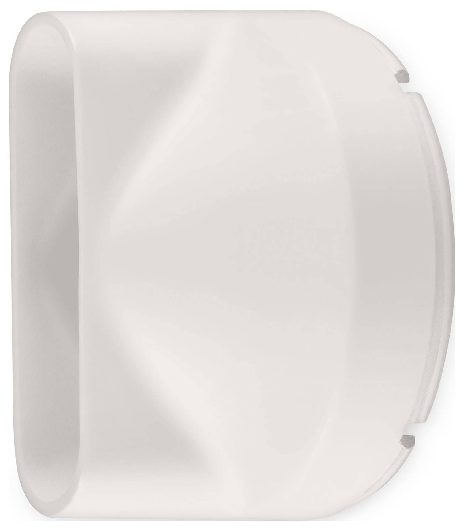 Plastic white lens hood with a smooth matte finish, designed to block stray light from entering a camera lens, viewed from the side.