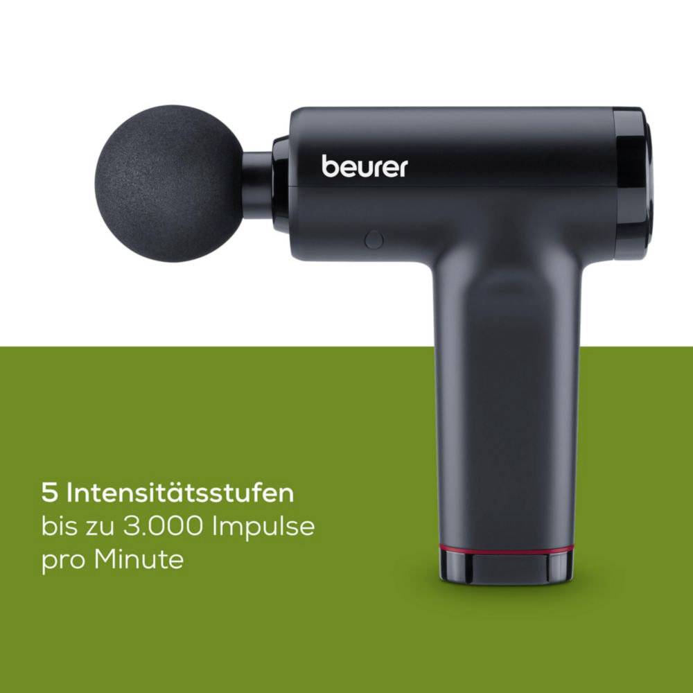 'A black handheld massage gun with brand name, on a green background. Text reads: 5 intensity levels, up to 3,000 pulses per minute.'