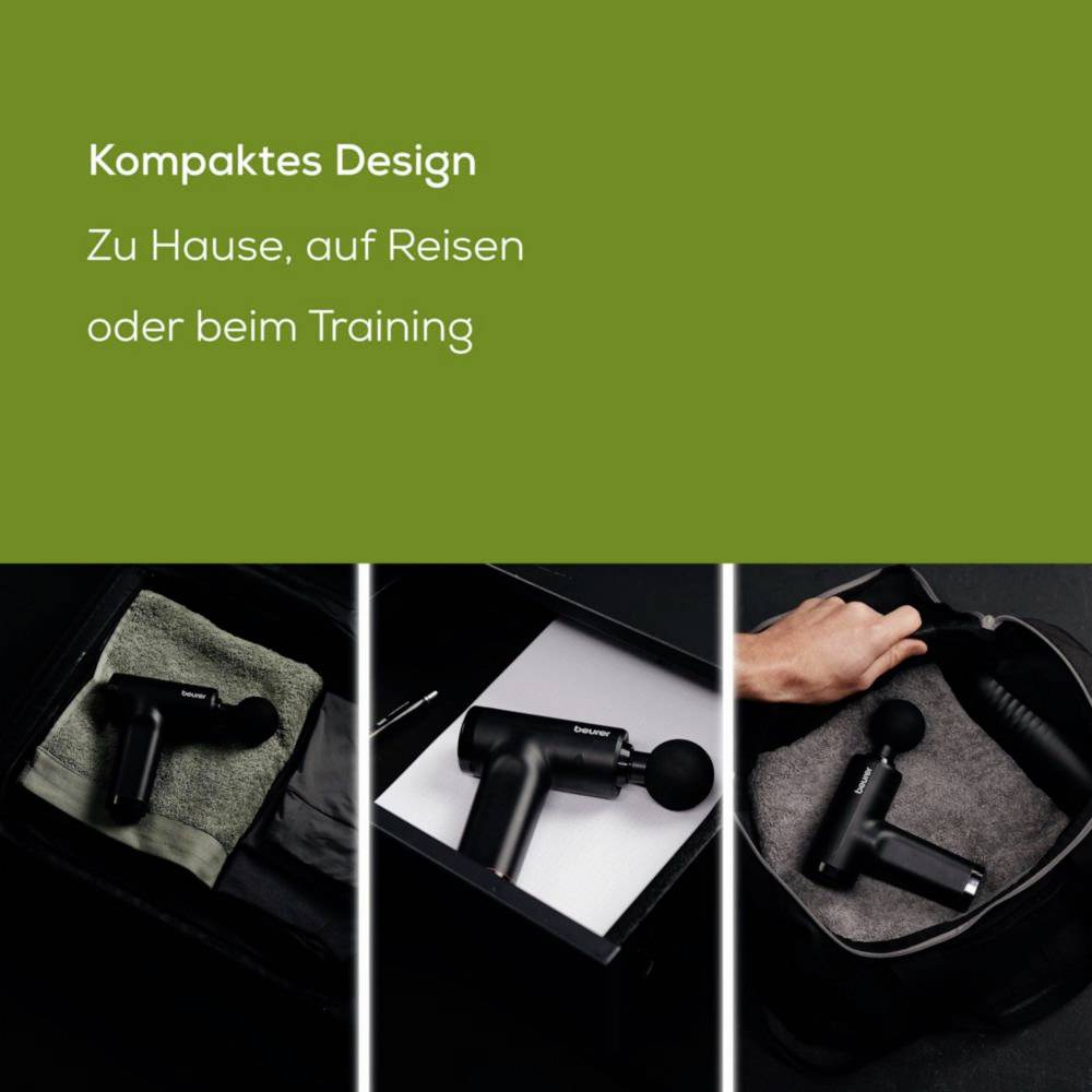 'Kompaktes Design. Zu Hause, auf Reisen oder beim Training.' Three images show a compact massage gun in a bag, box, and on clothing.
