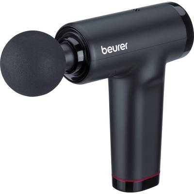 A black handheld massage gun with a round attachment, used for muscle relaxation and pain relief. The brand name 'Beurer' is visible.