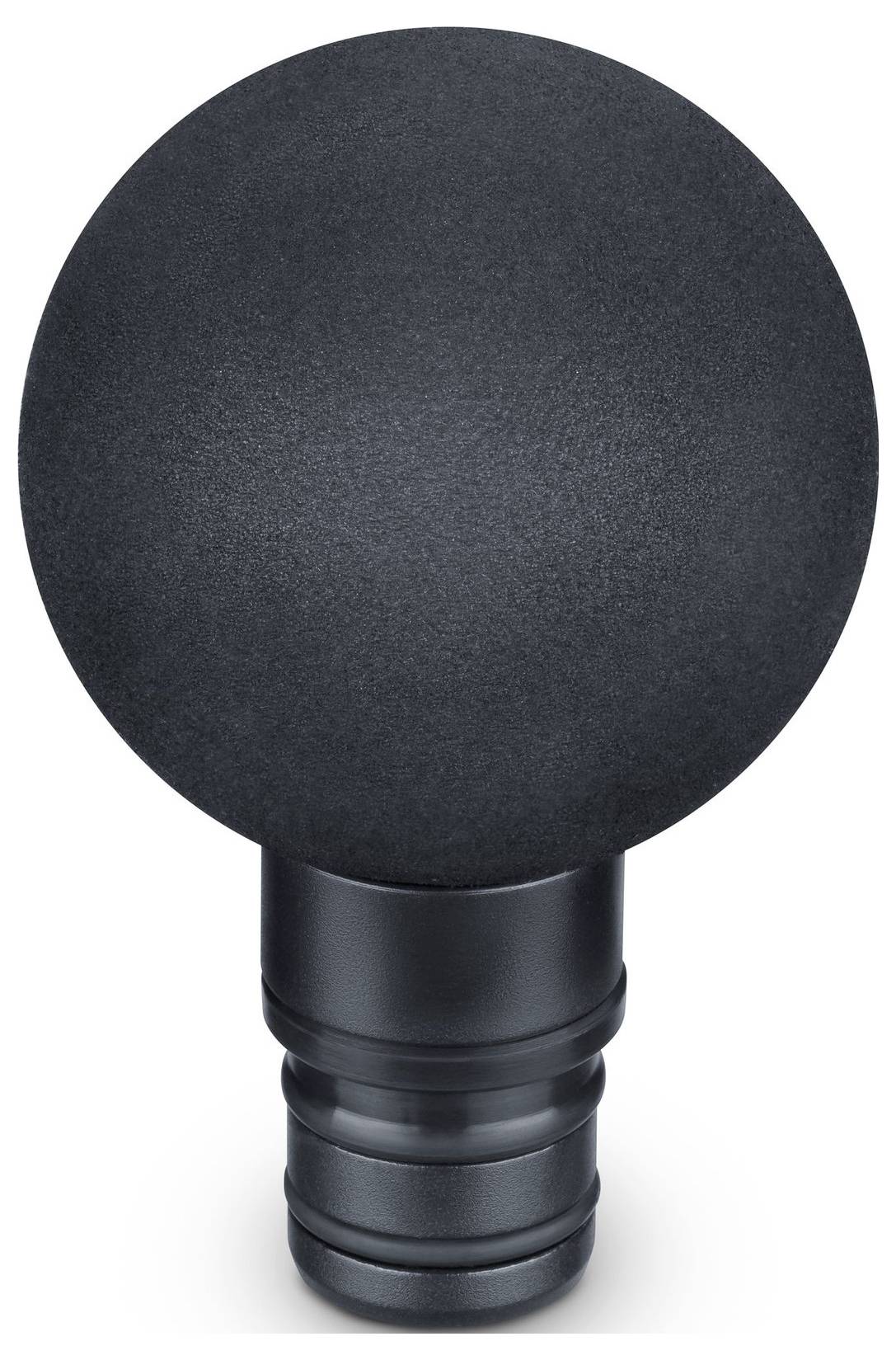 A black, round microphone foam windscreen designed to reduce noise and improve sound quality, fitted on a silver microphone base.