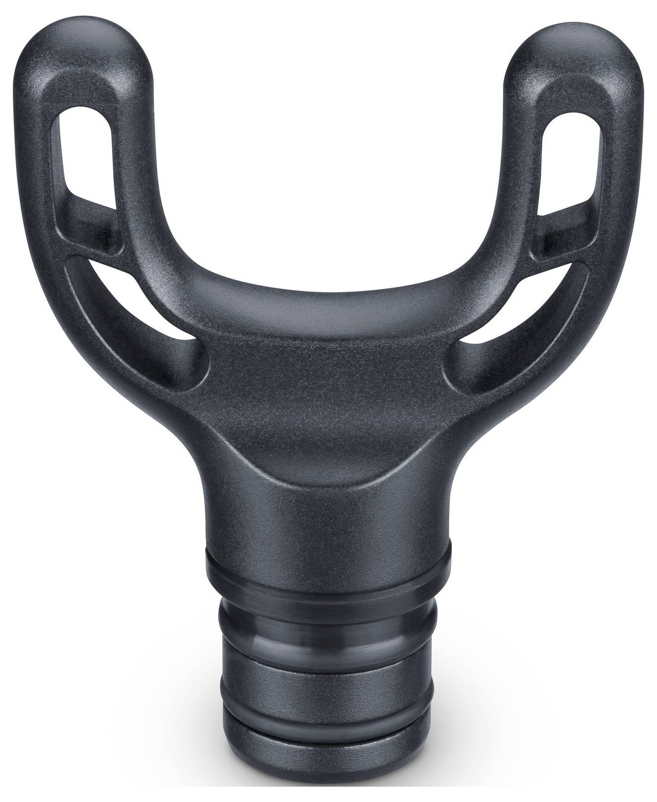 A metallic, U-shaped golf club wrench with a sleek, modern design, featuring two large openings and a grooved handle for grip.