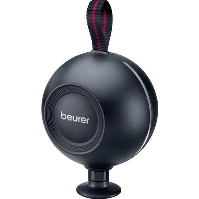 A black, spherical massage device with the brand 'beurer' printed on it, featuring a red-striped black loop for hanging.