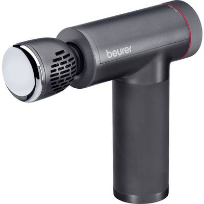 A dark gray handheld massage gun with a cylindrical handle and round attachment head, designed for muscle relaxation.