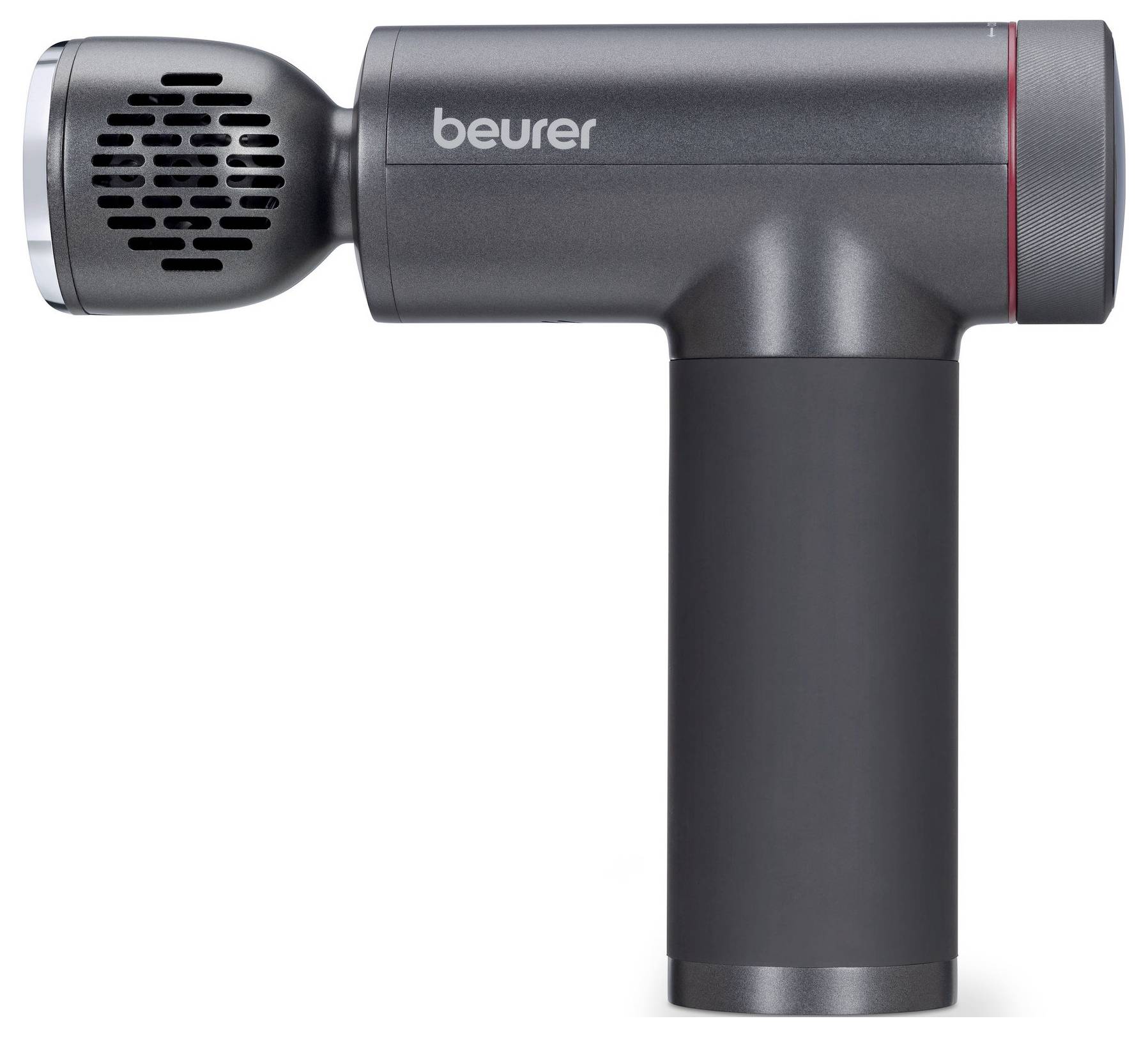 A black Beurer massage gun with a sleek design, featuring a vented head and cylindrical handle, designed for muscle relaxation and recovery.