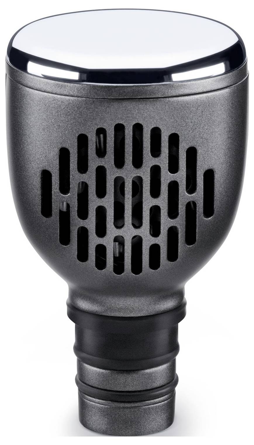 A black metal microphone with a silver top and a grille pattern on its body, used for audio recording or live performances.
