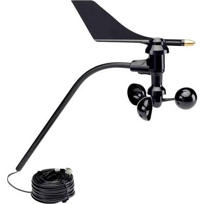 A black anemometer with three cups and a vane, designed for measuring wind speed and direction, with a coiled cable attached.