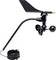 A black anemometer with three cups and a vane, designed for measuring wind speed and direction, with a coiled cable attached.