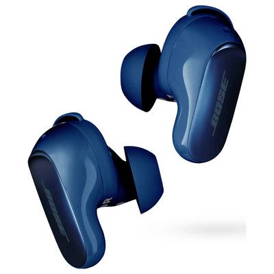 Blue wireless earbuds with 'Bose' branding, shown from a side angle, highlighting ergonomic design and ear tip shape.