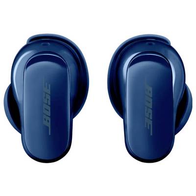Blue wireless earbuds with the 'Bose' logo on each, designed for in-ear use, displaying a sleek, ergonomic design for comfortable wear.