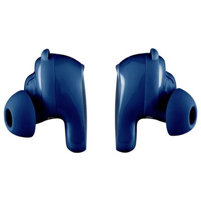 Blue wireless earbuds, facing each other.