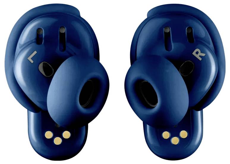 A pair of blue wireless earbuds with 'L' and 'R' markings indicating left and right sides, featuring snug-fitting silicone eartips.