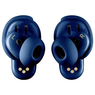 A pair of blue wireless earbuds with 'L' and 'R' markings indicating left and right sides, featuring snug-fitting silicone eartips.