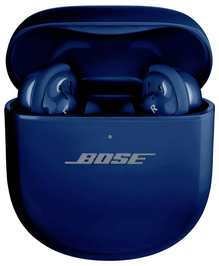 Blue Bose earbuds resting in an open charging case, displaying 'L' and 'R' labels on each earbud.