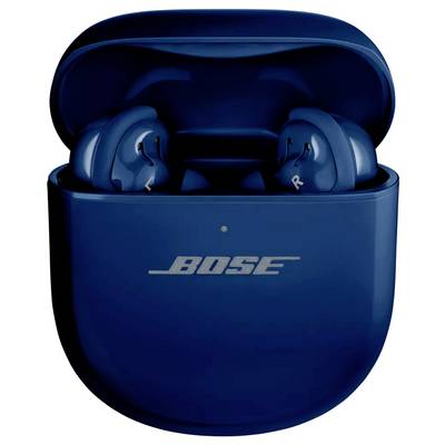 Blue Bose earbuds resting in an open charging case, displaying 'L' and 'R' labels on each earbud.