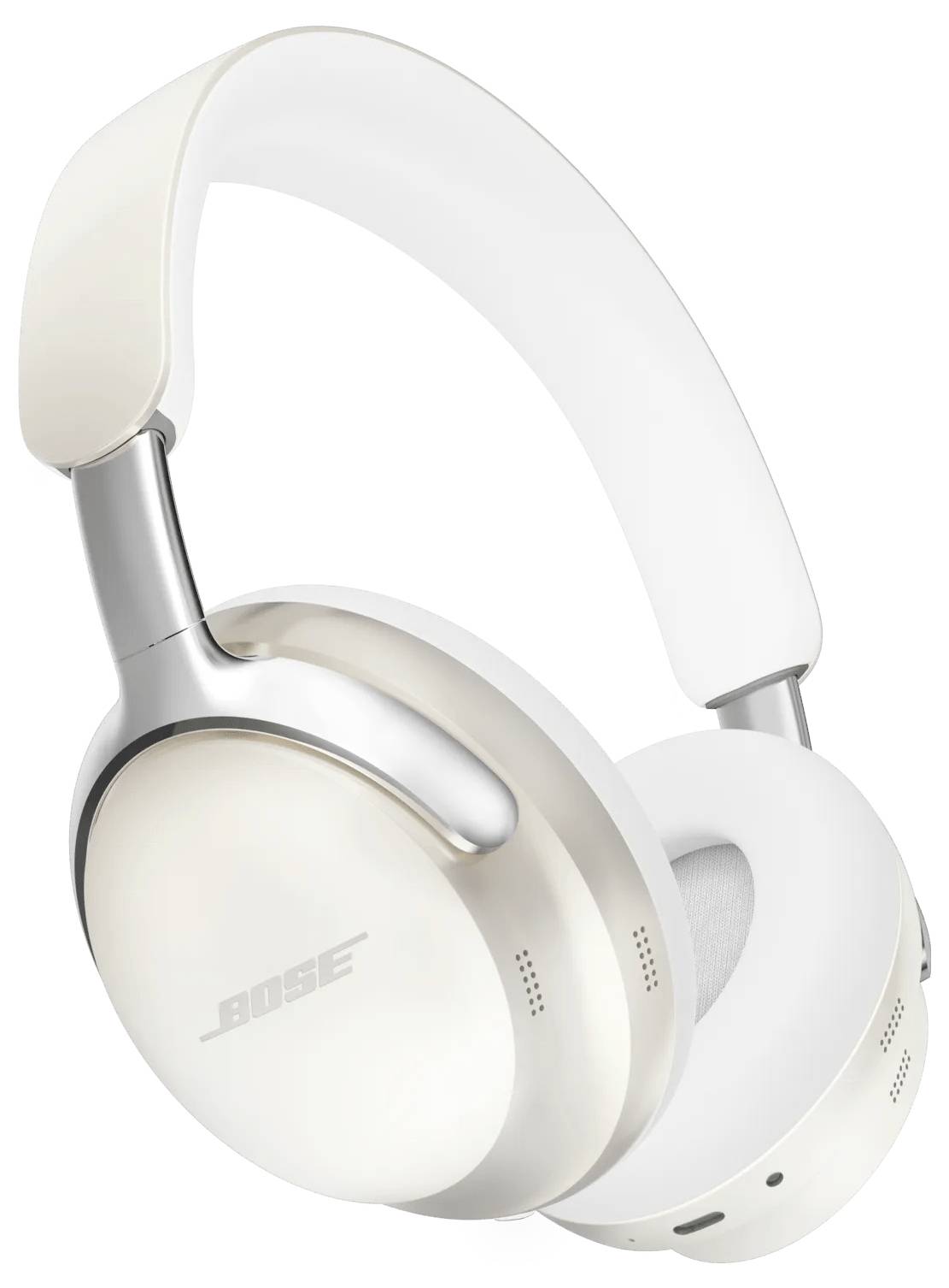 White over-ear Bose headphones with a silver accent on the headband, designed for noise cancellation and comfortable listening.