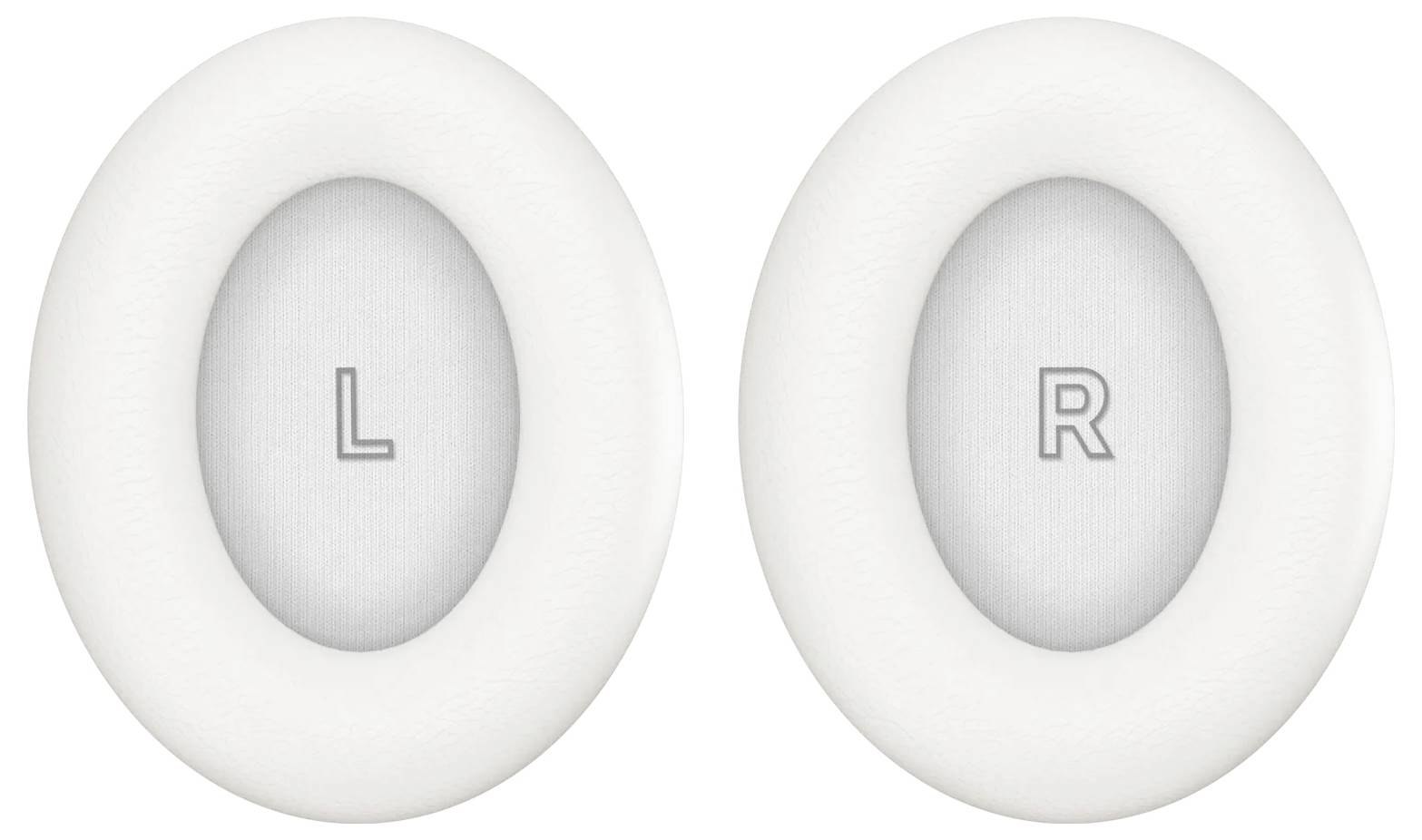 'Headphone ear cushions, left marked with L and right marked with R, both in white color.'