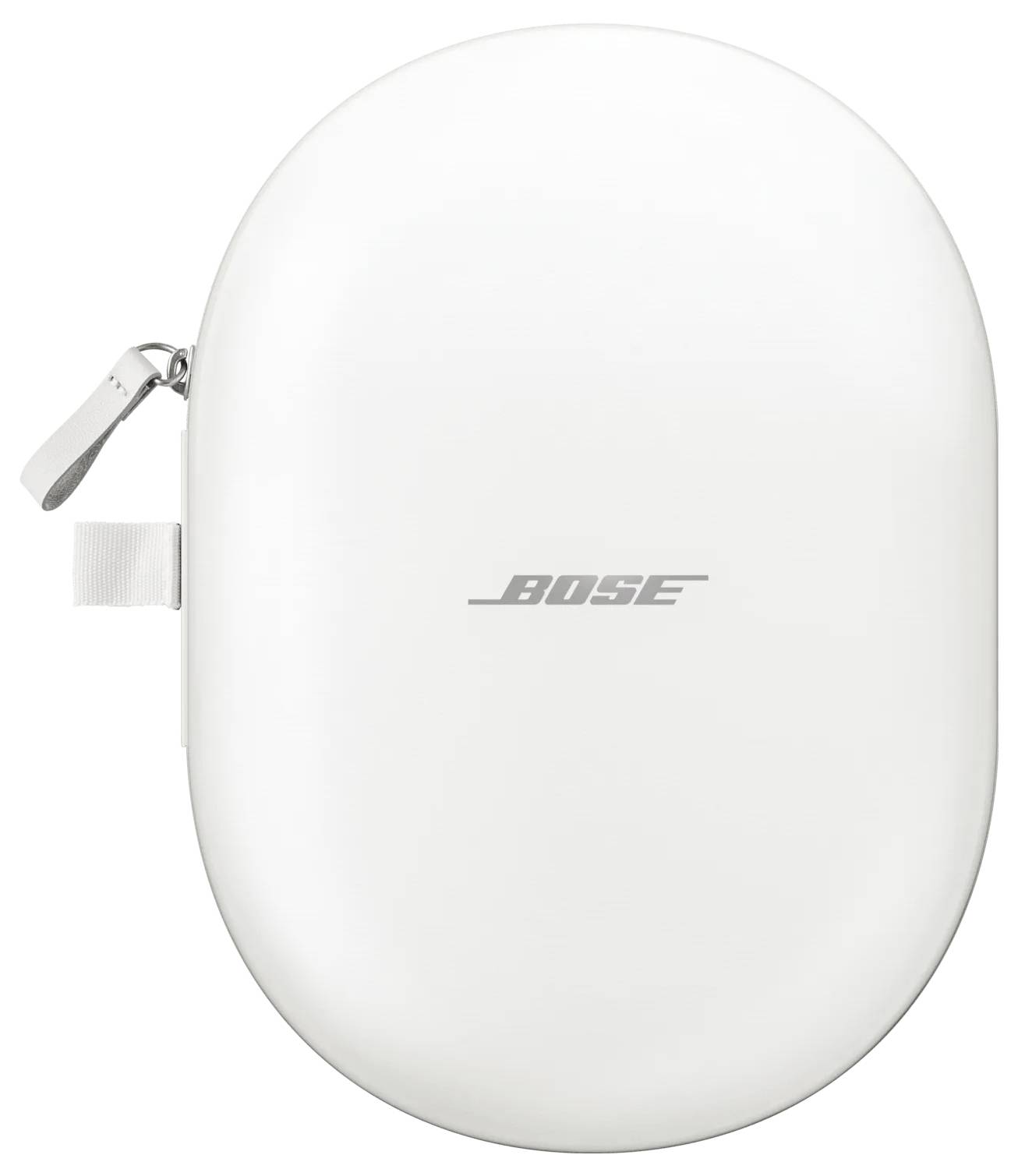 Oval white case with 'Bose' logo in the center, zipper and strap on the side, designed to store and protect audio equipment.