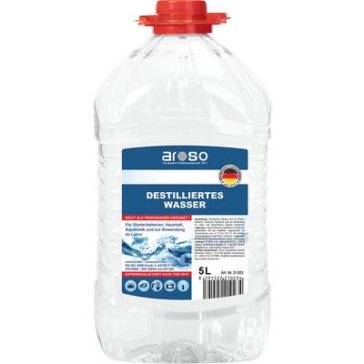 A 5-liter clear plastic bottle labeled 'Destilliertes Wasser' featuring a blue and red label, marked with a German flag and safety instructions.