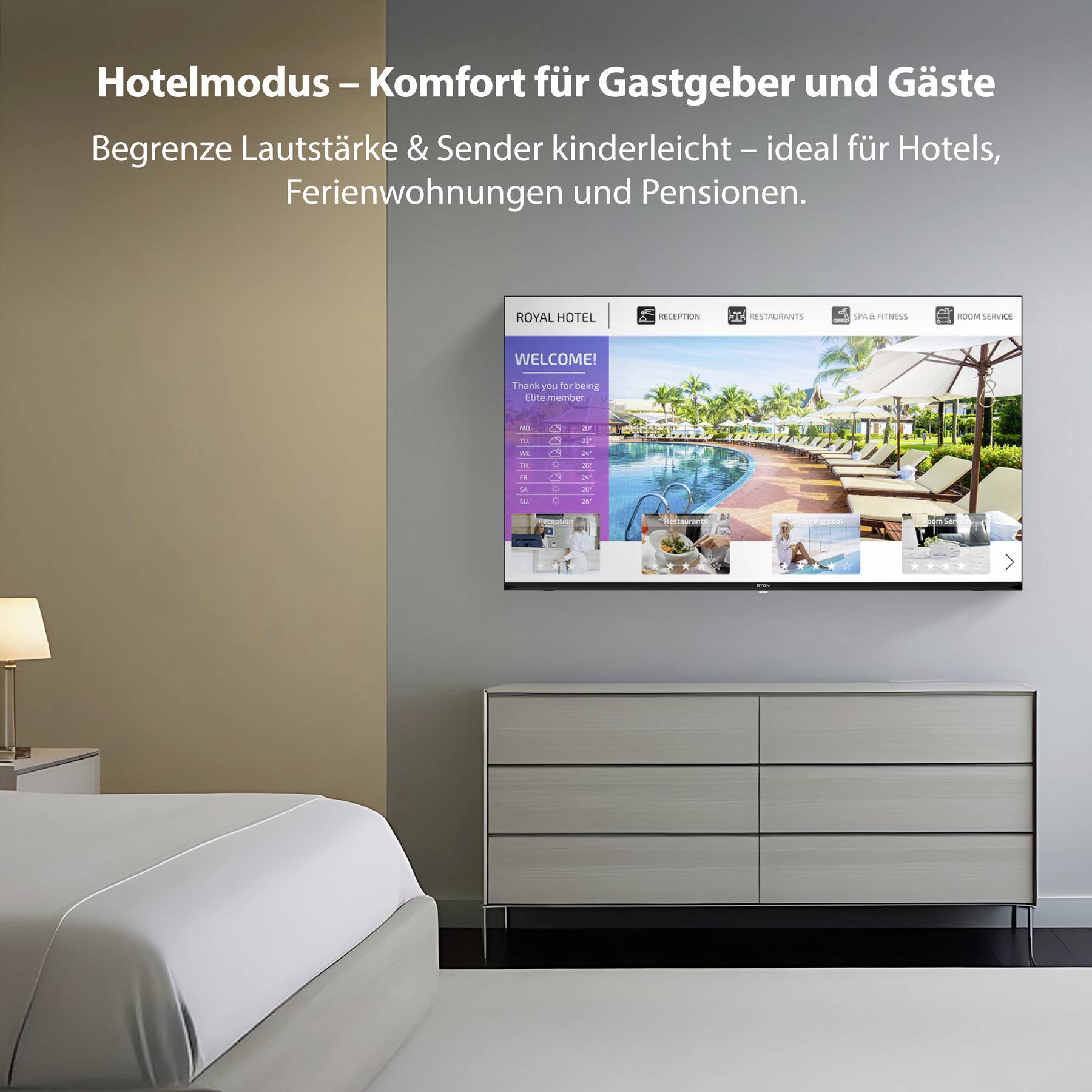 'Hotelmodus – Komfort für Gastgeber und Gäste. Begrenze Lautstärke & Sender kinderleicht – ideal für Hotels, Ferienwohnungen und Pensionen.' Image shows a modern hotel room with a bed and a dresser.