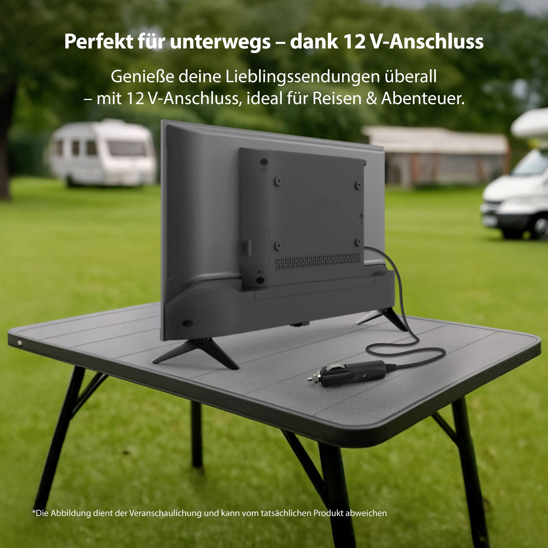A TV on an outdoor table, with a 12V adapter, showcases its portability for travel. A camper van is visible in the background.