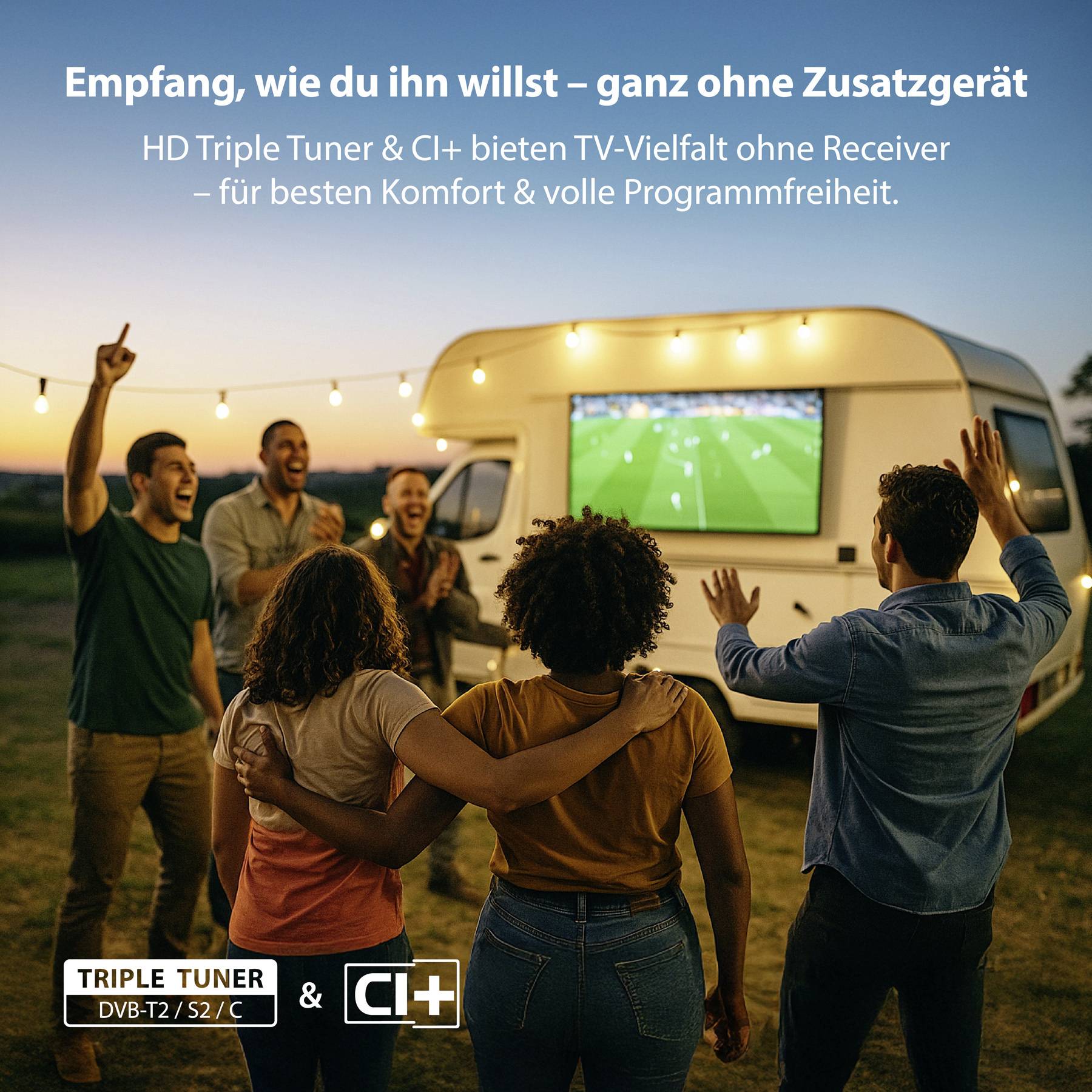 'A group of friends celebrating outdoors at sunset with a motorhome and a TV. Text promotes a TV tuner offering diverse channels.'