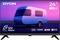 A 24-inch Dyon TV displaying an image of a caravan at sunset. Features include 720p HD, 12V adapter, CI+, HDMI, USB, and hotel mode.
