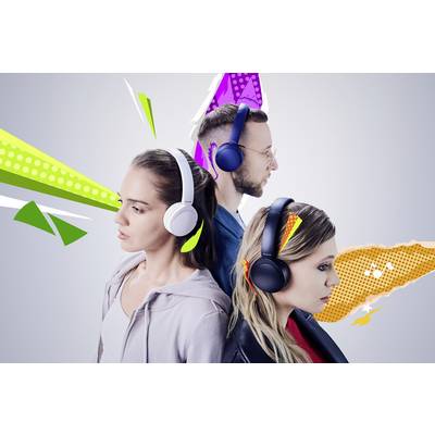 Three people wearing headphones stand back-to-back, each with dynamic colorful graphics emerging from their ear area, suggesting sound.