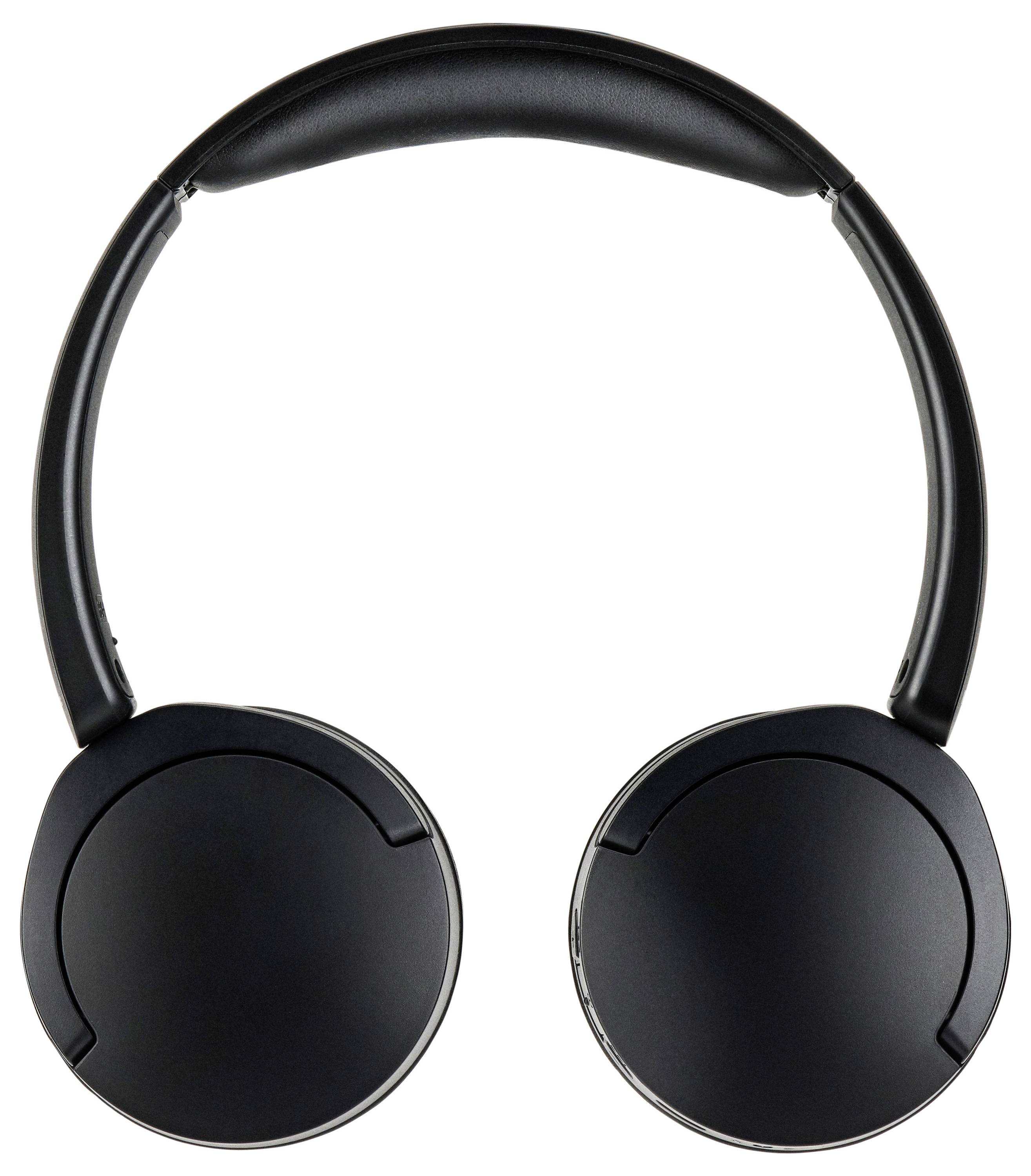 A pair of black over-ear headphones with padded ear cups and headband, viewed from the front against a white background.