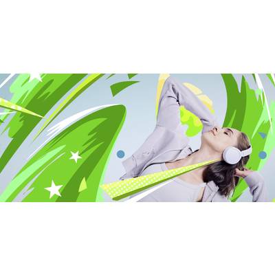 A person wearing headphones enjoys music with eyes closed, surrounded by vibrant green and yellow abstract shapes conveying energy and movement.