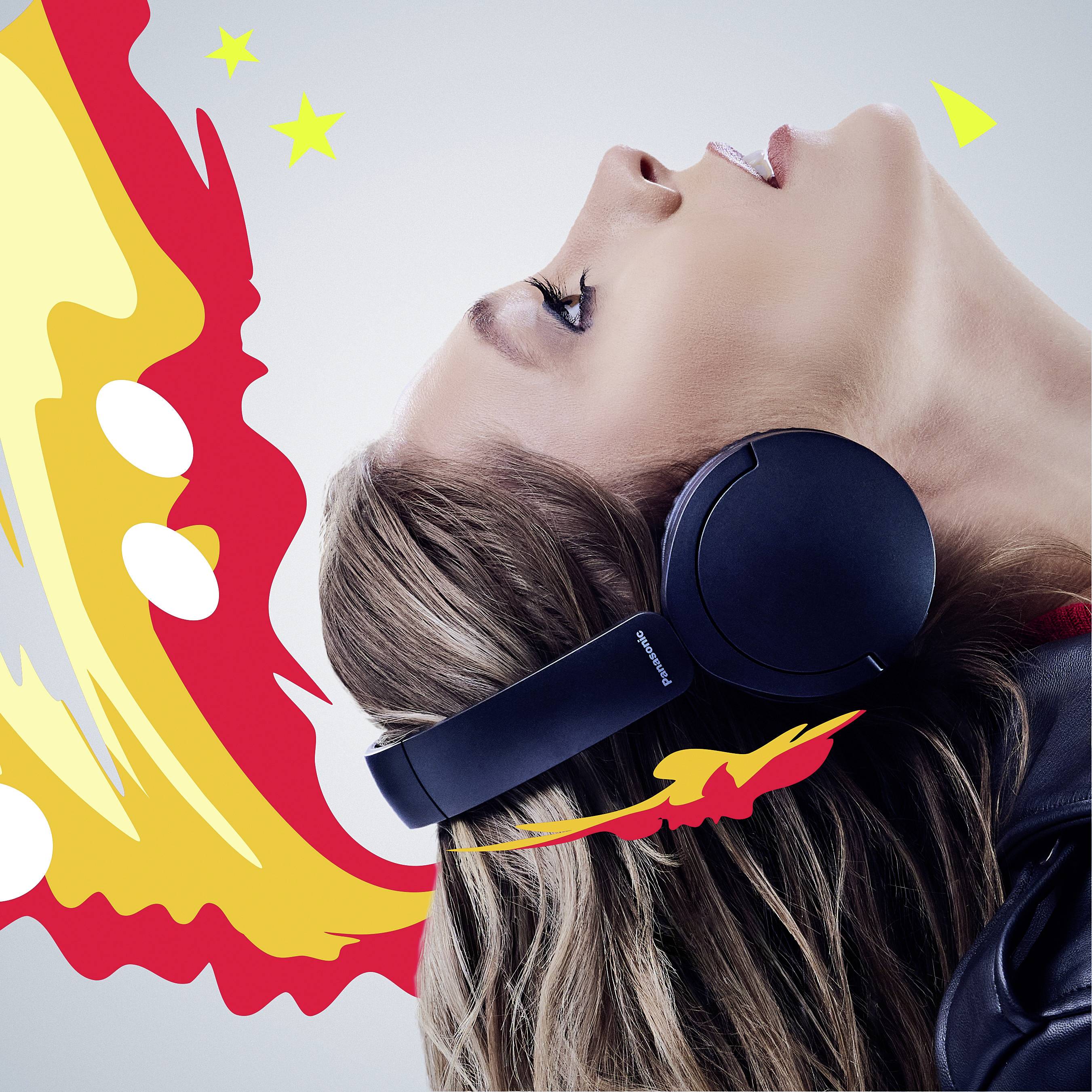 A person wearing headphones enjoys music, leaning back with a bright, dynamic background of colorful splashes and star illustrations.