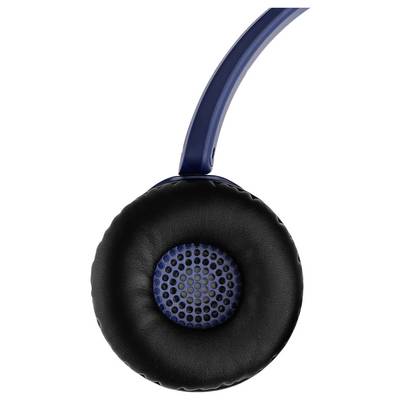 A blue and black over-ear headphone, focusing on the cushioned ear cup with mesh detailing in the speaker area, suggesting comfort and style.