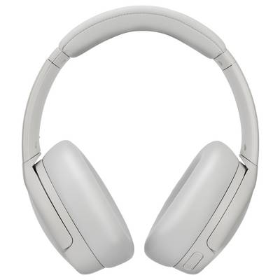 White over-ear wireless headphones with cushioned ear cups and adjustable headband, viewed from the front.