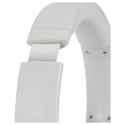 A close-up of a white over-ear headphone showing the adjustable headband mechanism with metal detailing.