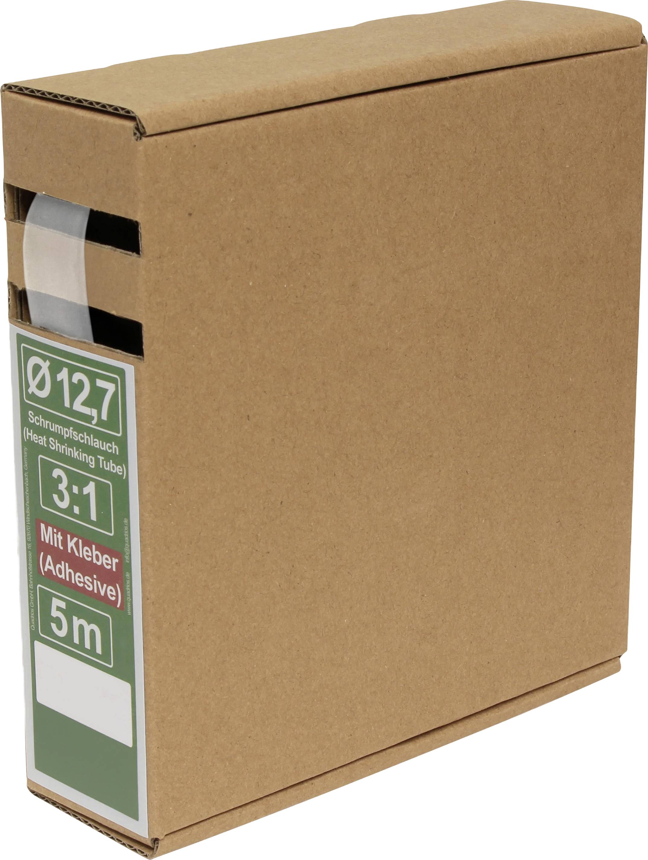 A brown cardboard box with a label showing 'Ø12.7 Schrumpfschlauch (Heat Shrinking Tube) 3:1 Mit Kleber (Adhesive) 5m'.