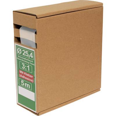 A cardboard box labeled with 'Heat Shrinking Tube', 3:1 ratio, 25.4 mm diameter, 5 meters long, includes adhesive.